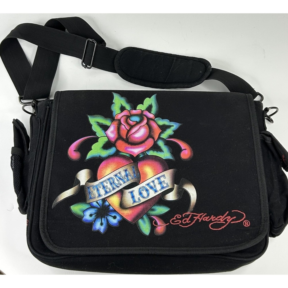 Ed Hardy by Christian Audigier Blk Large Messenger Laptop Bag "Eternal Love"
